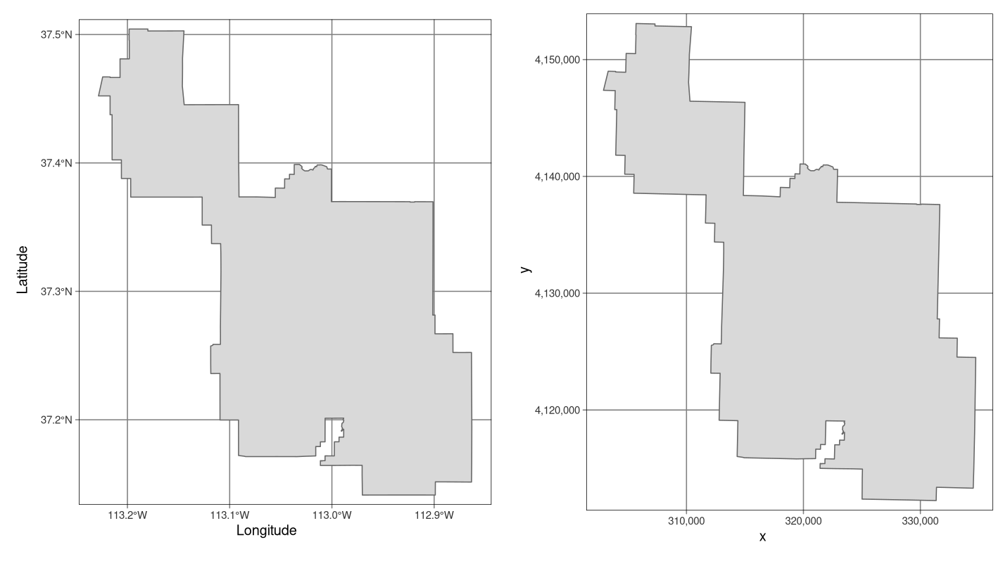 ベクタデータ型の地理座標系 (WGS 84、左) と投影座標系 (NAD83 / UTMゾーン12N、右) の例。