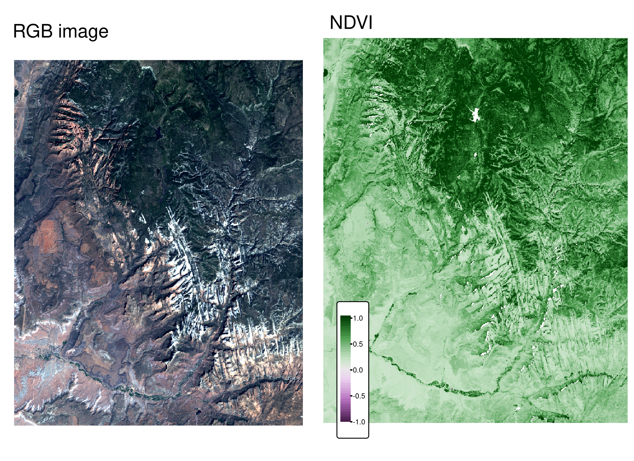 ザイオン国立公園の衛星ファイルの例で計算されたRGB画像 (左) とNDVI値 (右) 