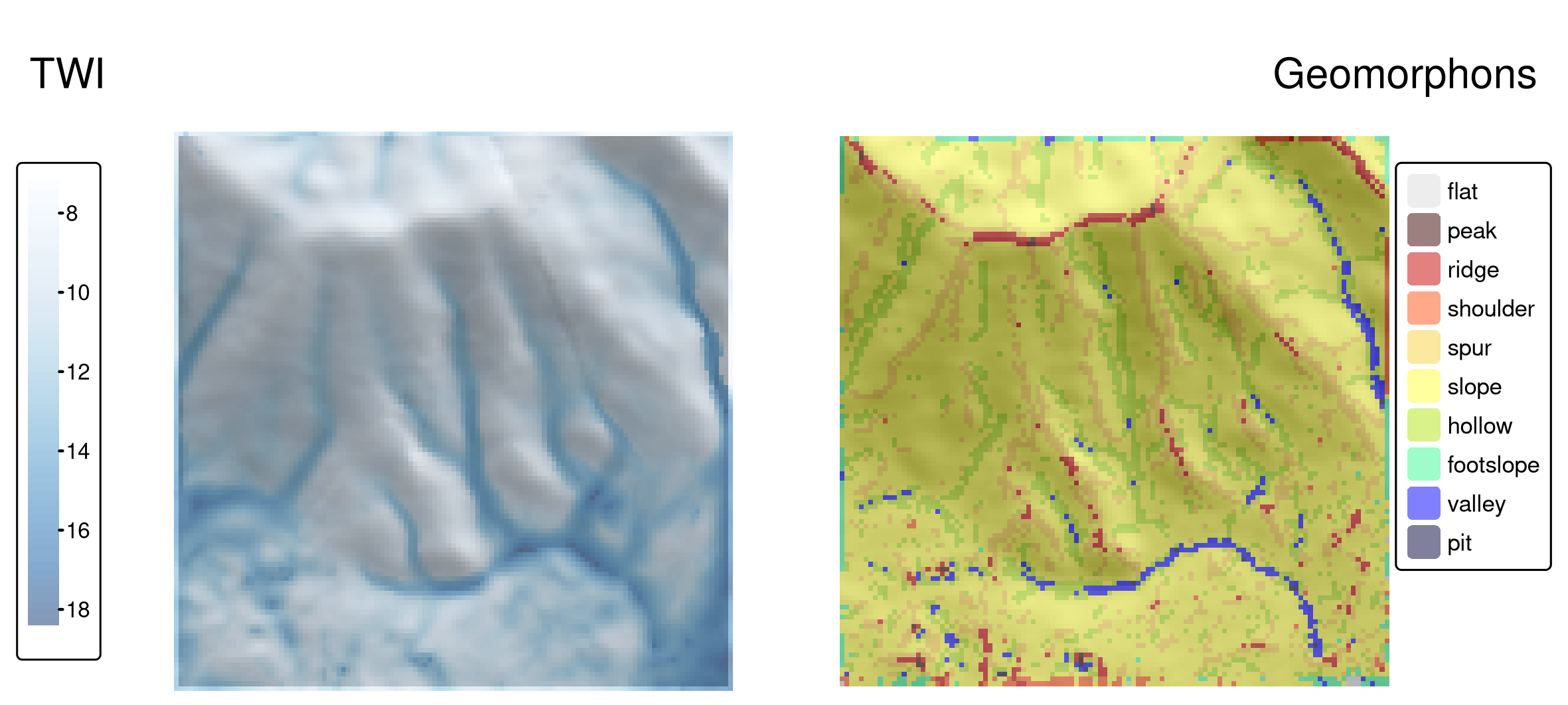 研究対象地 Mongón の地形湿潤指数 (TWI、パネル左) とジオモルフォン (パネル右)。