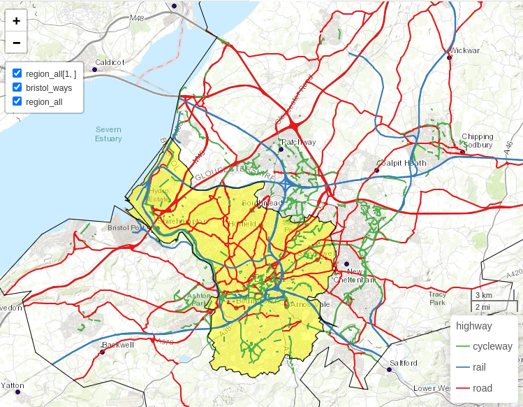 Bristol の交通網は、アクティブ (緑)、公共 (鉄道、青)、自家用車 (赤) の各移動手段を色分けして表現している。黒い境界線は、市街地の境界線 (黄色でハイライト) と、より広い TTWA (Travel To Work Area) を表している。