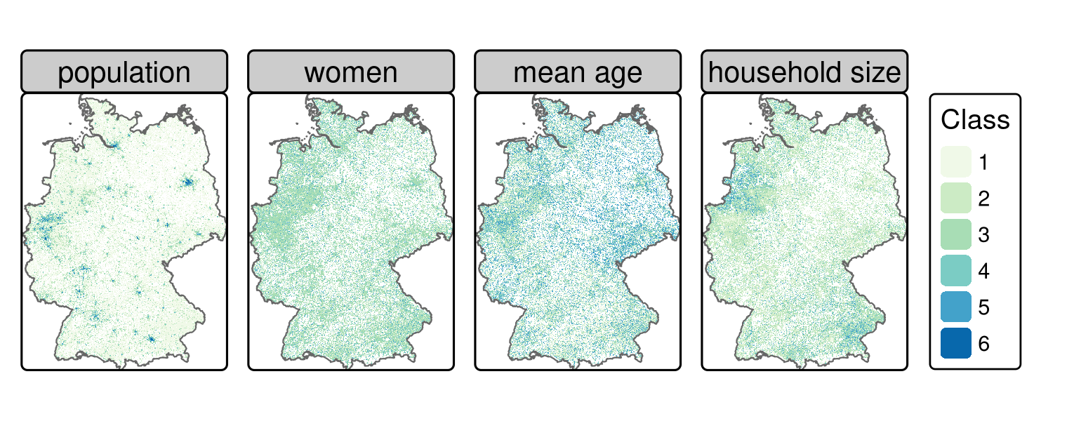 グリッド化した2011年ドイツ国勢調査 (クラスの内容は Table 13.1)。