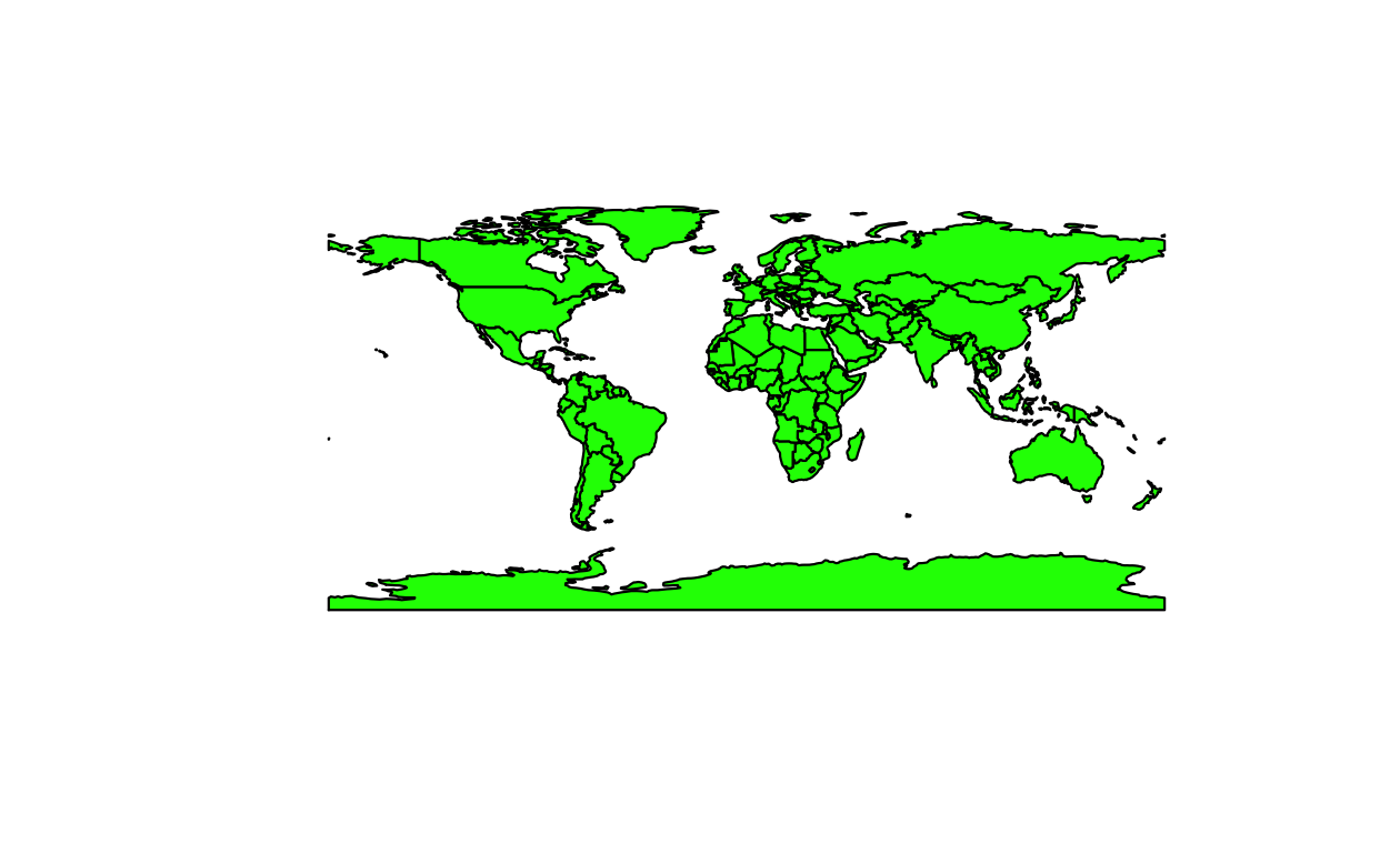 世界地図の土地を緑色で示した再現可能な例題 (左) と解 (右) の地図。