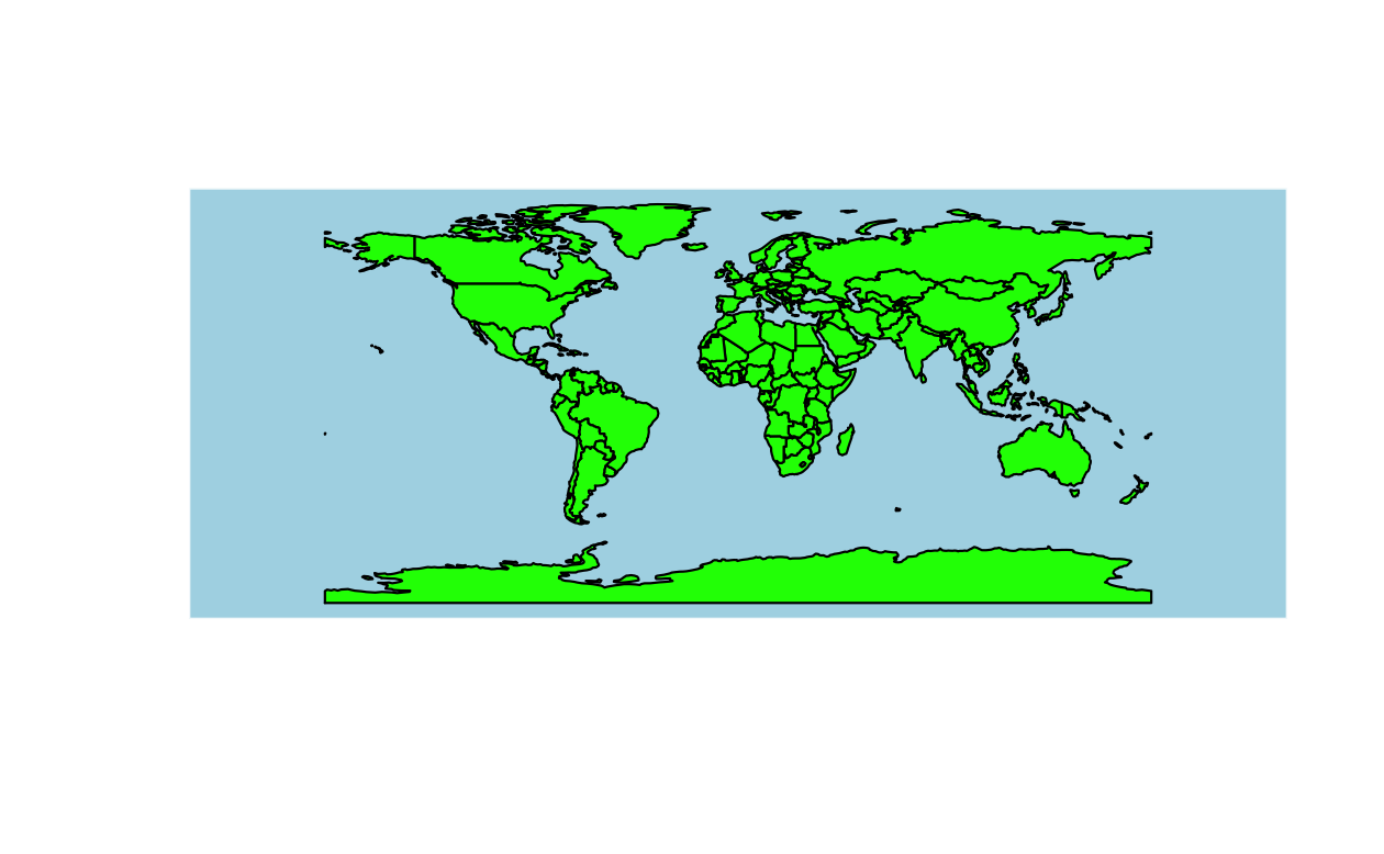世界地図の土地を緑色で示した再現可能な例題 (左) と解 (右) の地図。