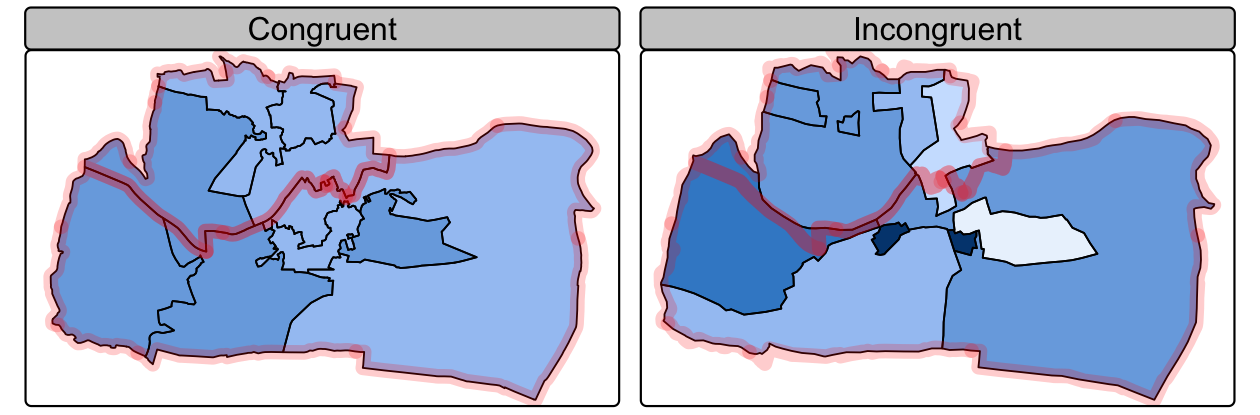 大きな凝集帯 (半透明の青い枠) に対して、一致する面単位 (左) と不一致する面単位 (右) を示した図。
