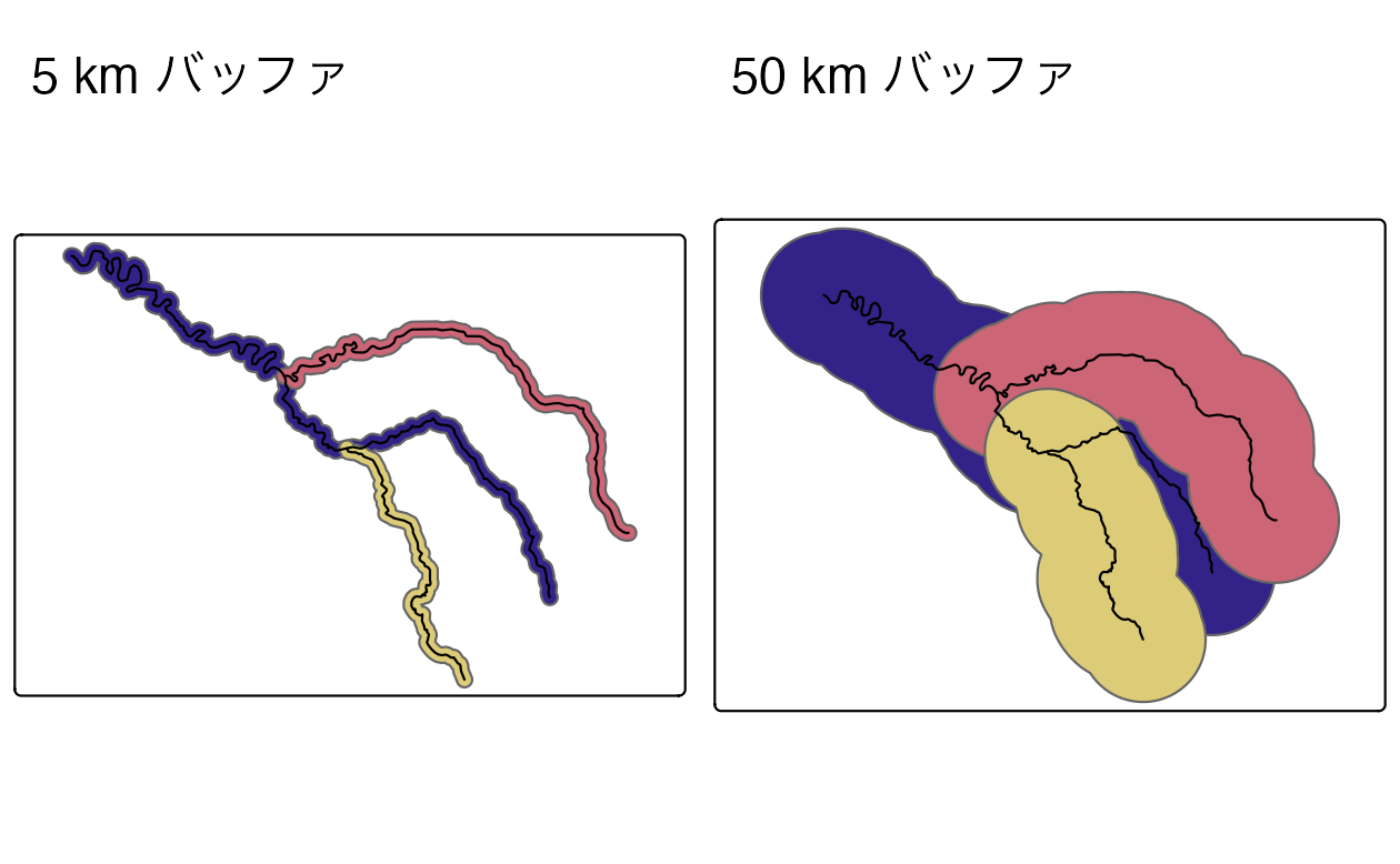 Seine データセット周辺の 5 km (左) と 50 km (右) のバッファ。ジオメトリフィーチャごとに 1 つのバッファが作成されることを反映した色に注目。