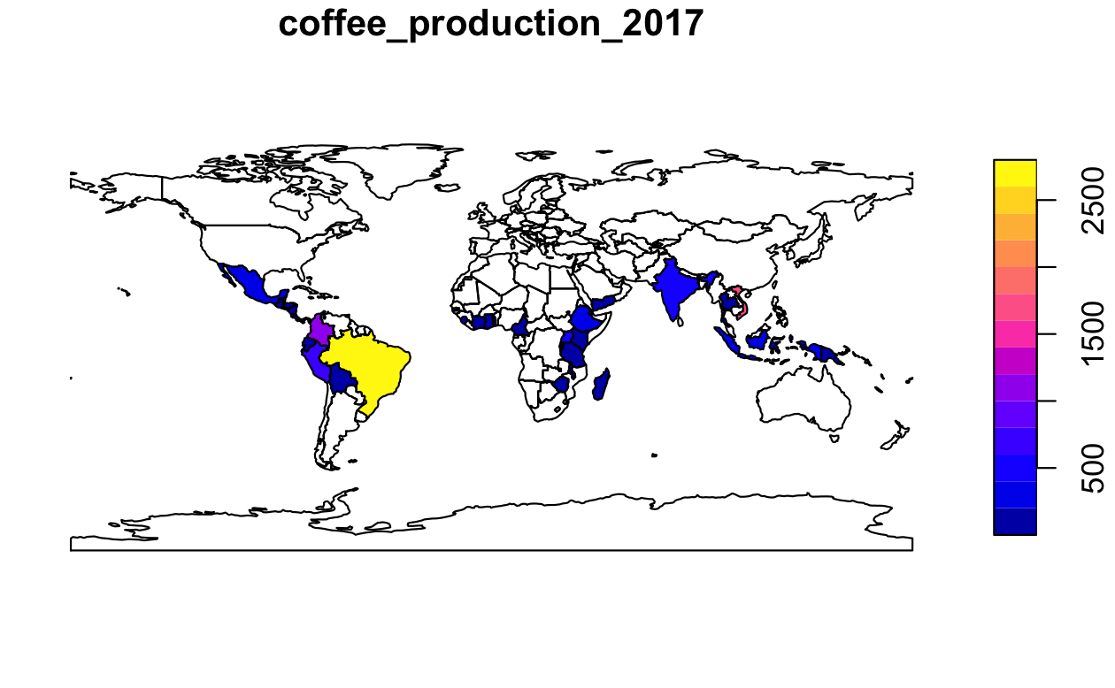 世界の国別コーヒー生産量 (60 kg 袋千個)、2017年。出典: 国際コーヒー機関 国際コーヒー機関。