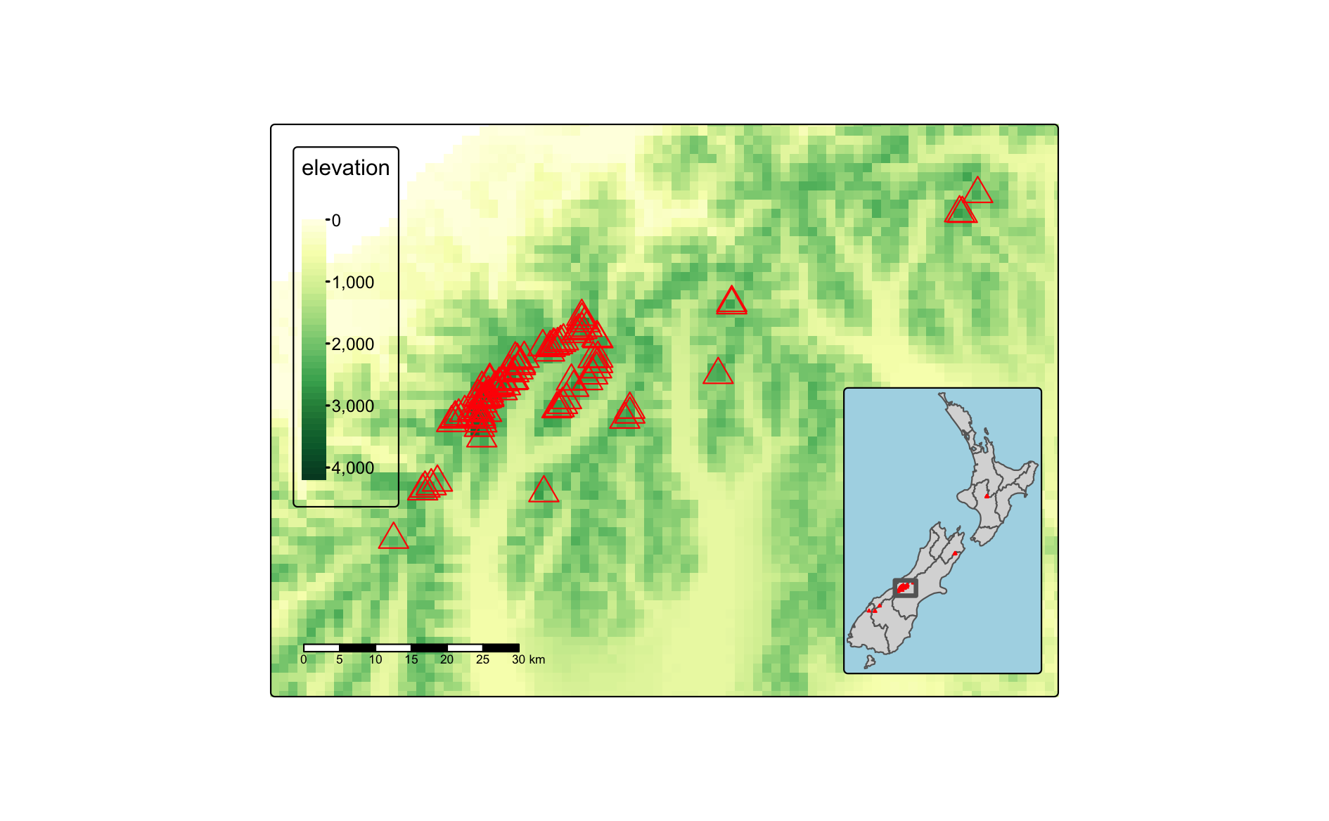 差し込み地図で背景を説明 - New Zealand の南アルプスの中央部の位置。