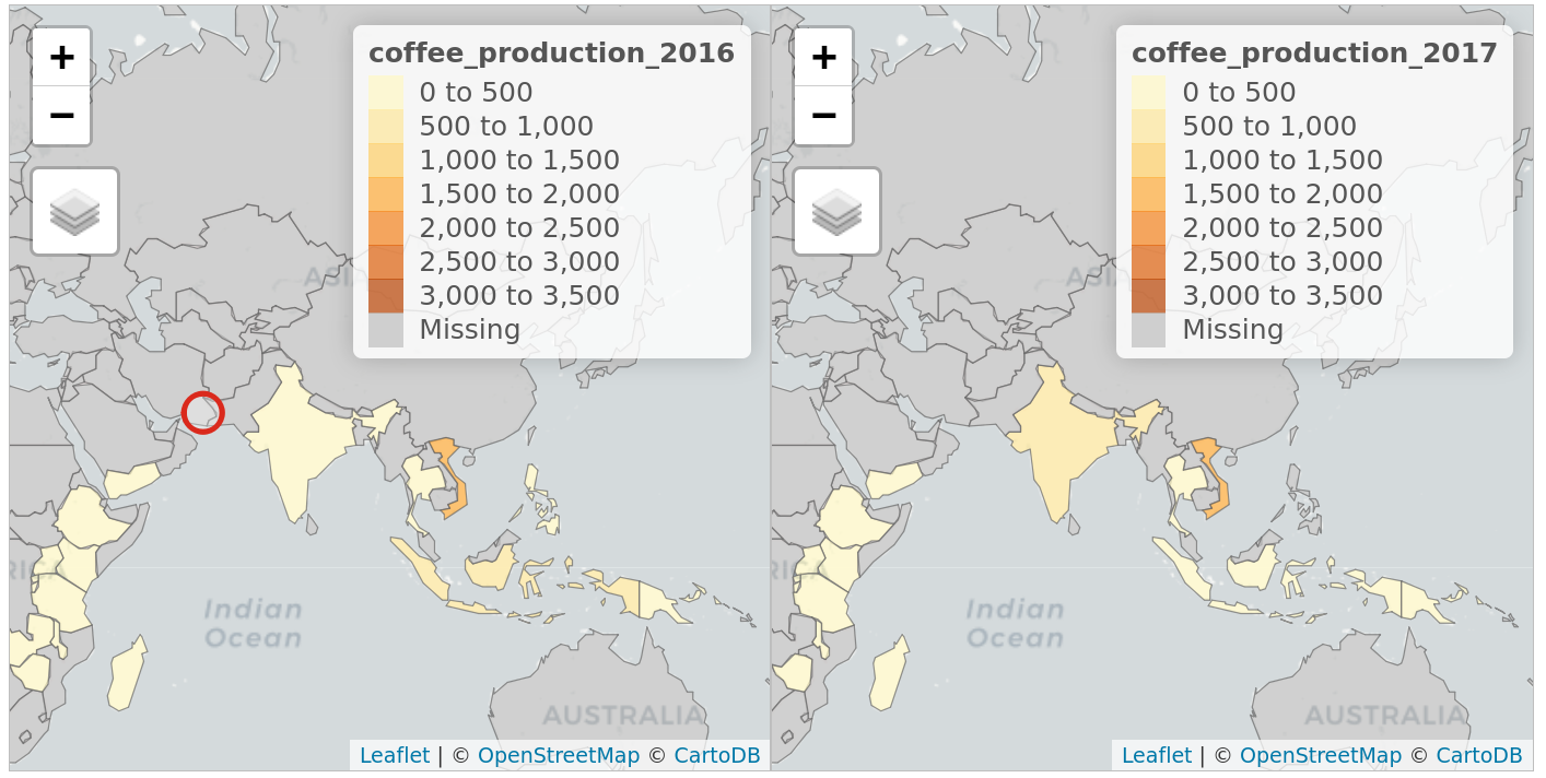 2016年と2017年の世界のコーヒー生産量を同期させたファセット化されたインタラクティブ地図で、tmapのビューモードの動作を実演。