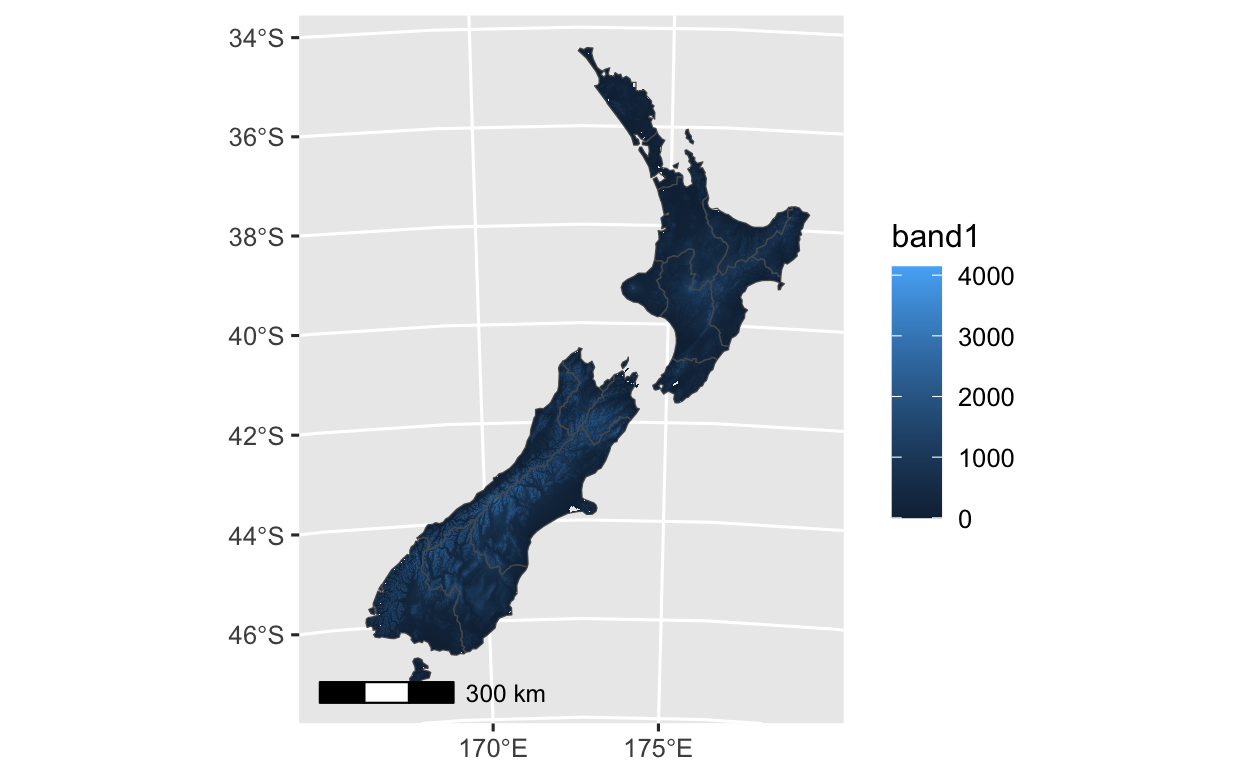 ggplot2 のみ (左) と ggplot2 と ggspatial (右) で生成したNew Zealand 地図の比較。