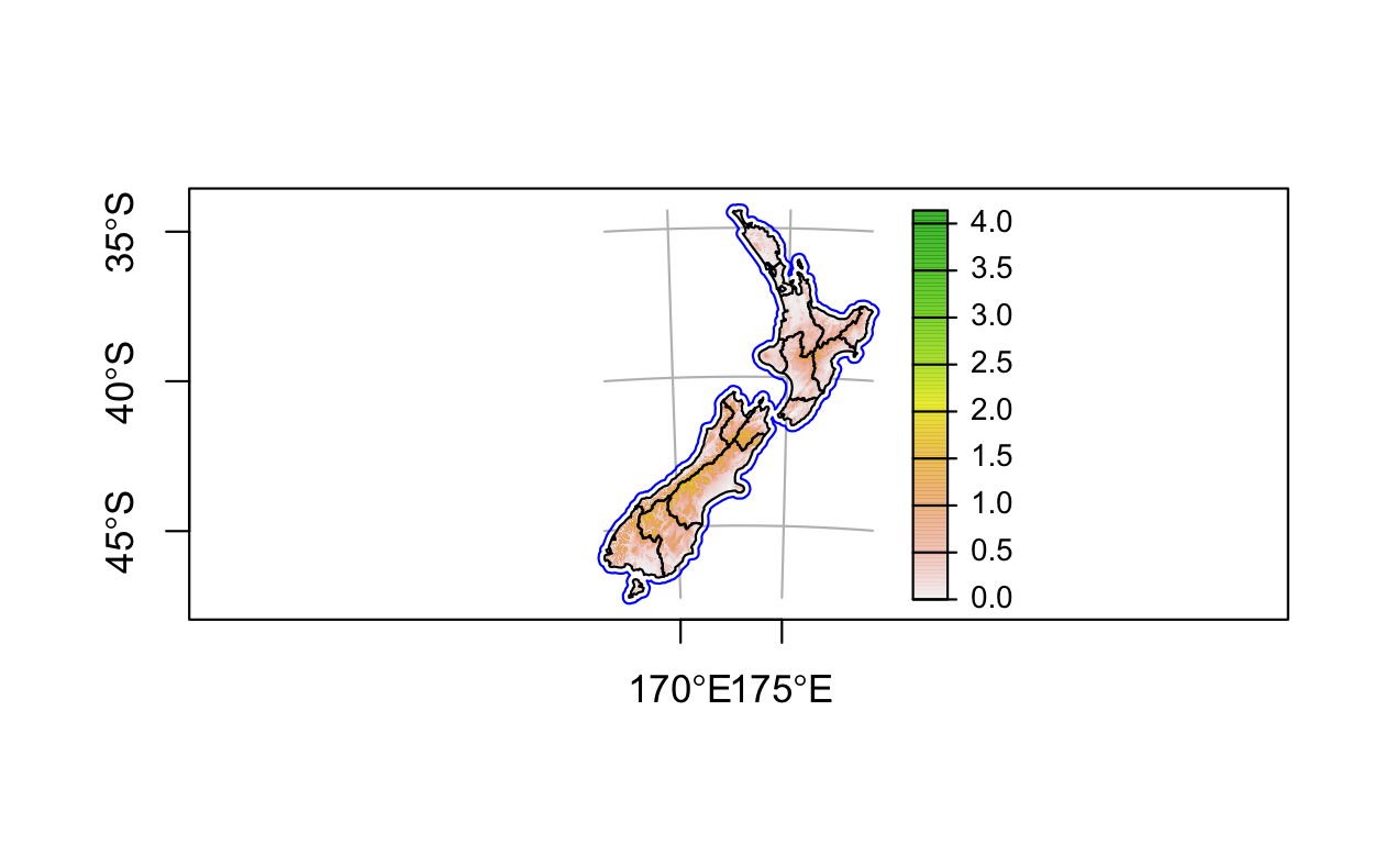 plot() で作成したNew Zealand の地図。右の凡例は標高 (海抜 1000 m) を示している。