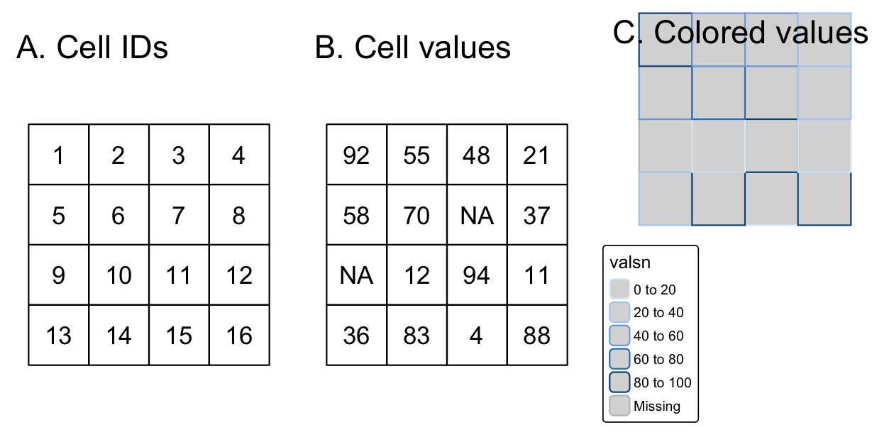 ラスタデータの種類: (A) セルID、(B) セル値、(C) 色付きラスタマップ。