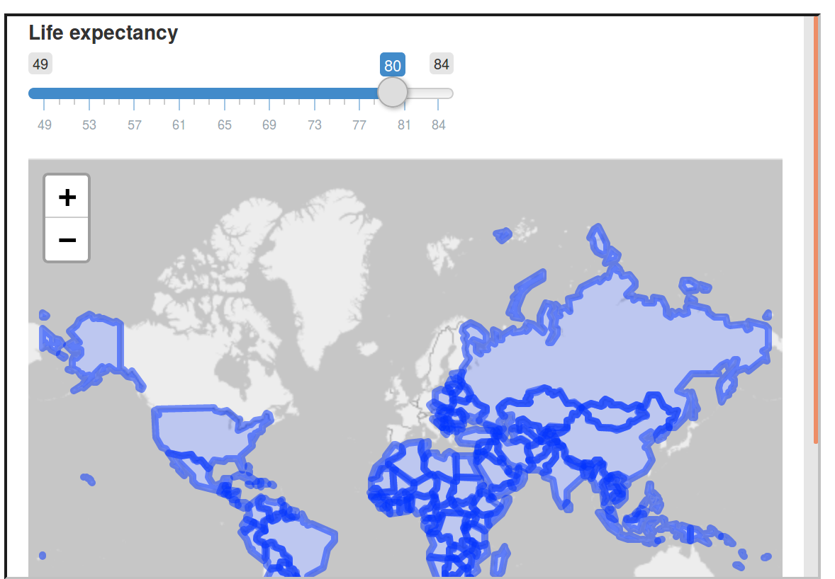 shiny で作成したWeb地図アプリケーションの最小限の例を示す画面。