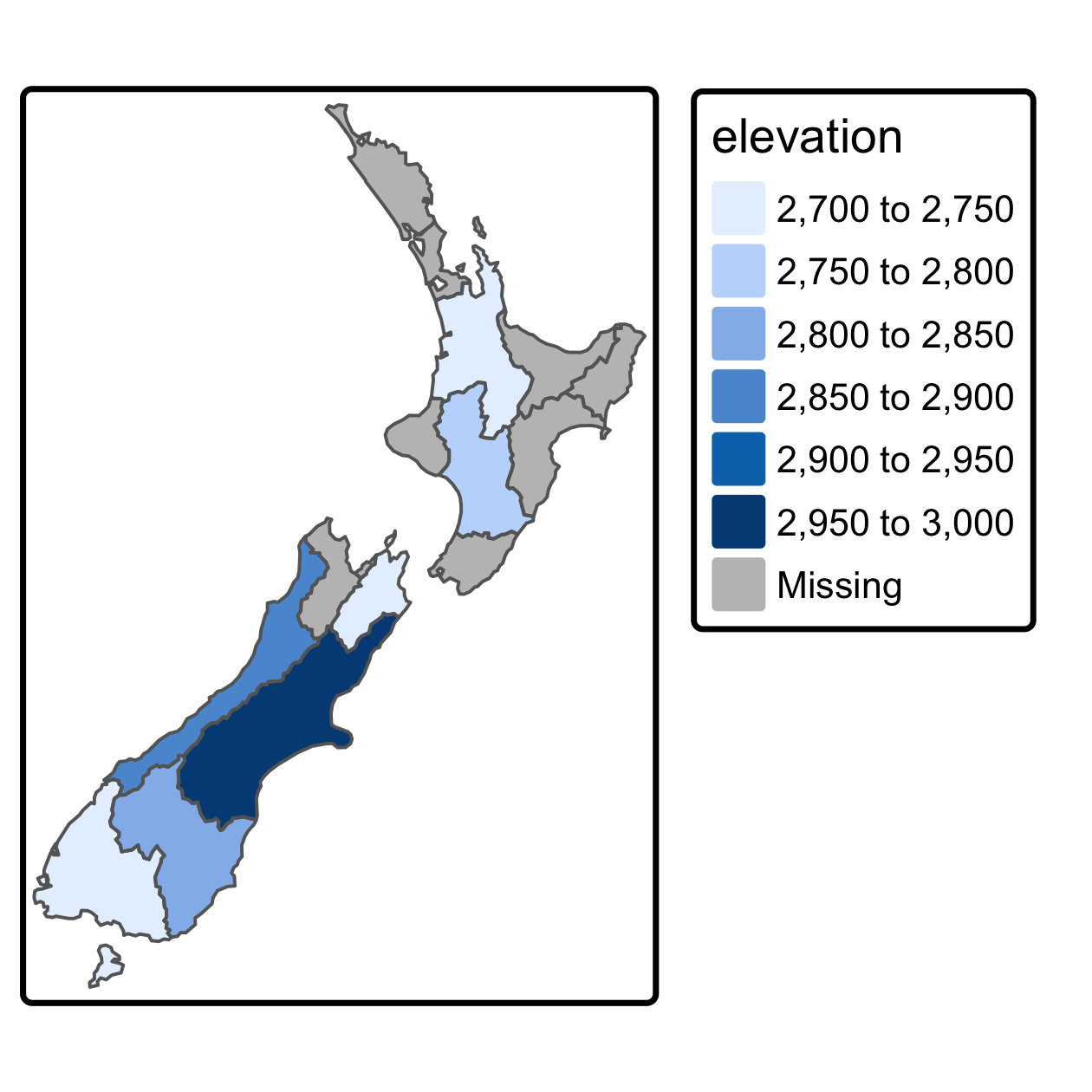 New Zealand の各地域の上位 101 の高さの平均値。