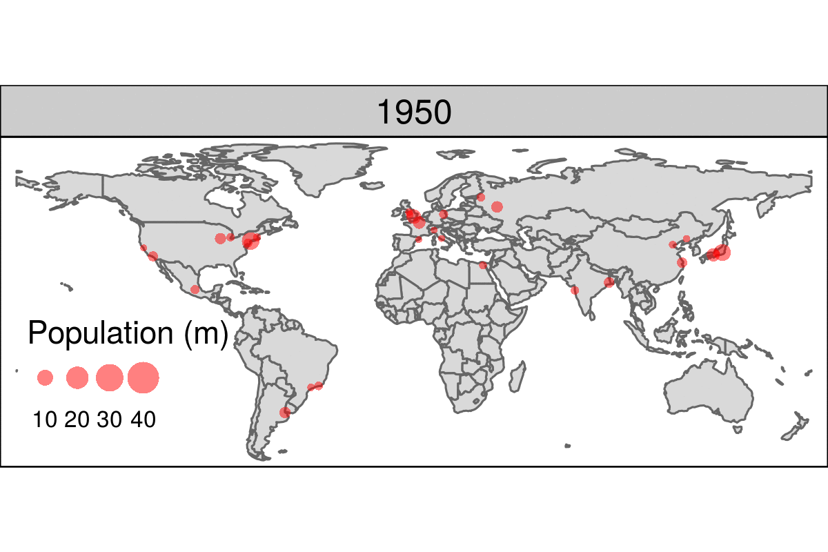 1950年から2030年までの、国連による人口予測に基づく都市集積の上位30位を示した地図アニメーション。アニメーション版は、geocompr.robinlovelace.net で見ることができる。