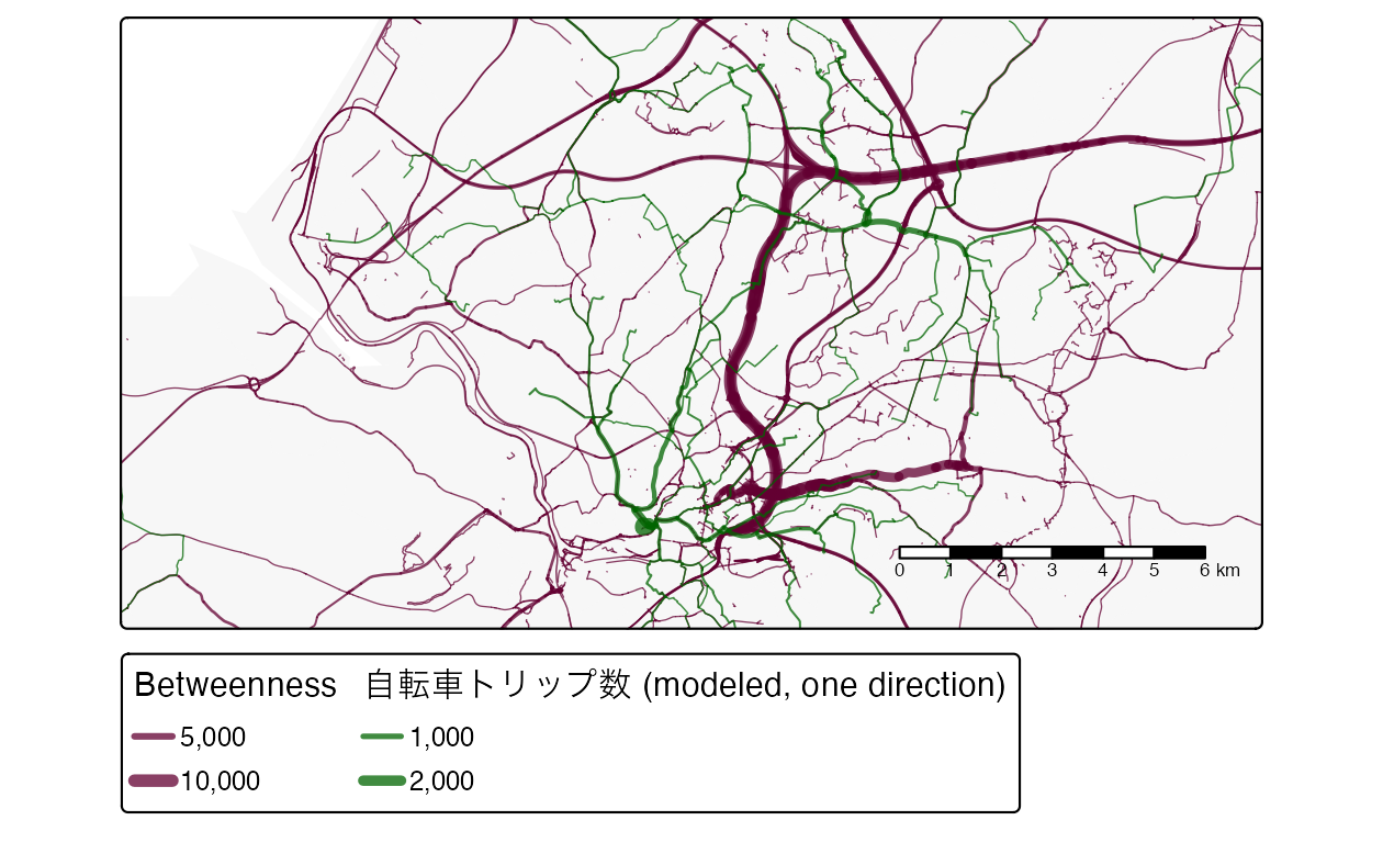 路線ネットワークデータセットの図。グレーの線は簡略化された道路網を表し、セグメントの太さは betweenness に比例する。緑色の線は、上記のコードで計算された潜在的な自転車利用フロー (片道) である。