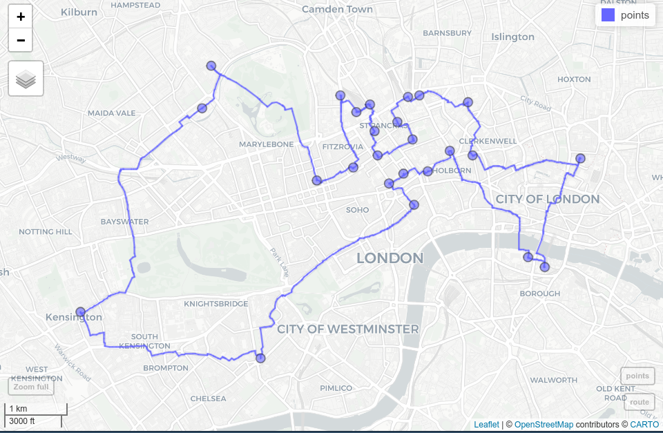 ロンドンの OSM 道路網の24の自転車レンタル地点 (青点) とその最短ルート (青線) 