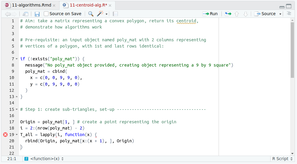 RStudio でのコード確認の様子。この例は 11-centroid-alg.R スクリプトの 19 行目のカッコが閉じられていないことを示している。